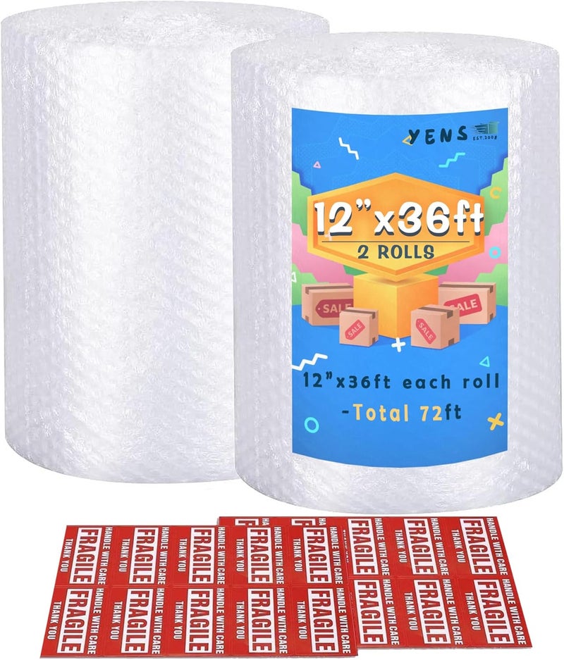 Yens Nylon Bubble Cushioning Rolls 72 ft 12 Inch width Packing Materials 3/16" AIR Bubble Perforated every 12" wrap 20 bonus Fragile Stickers - Image 1